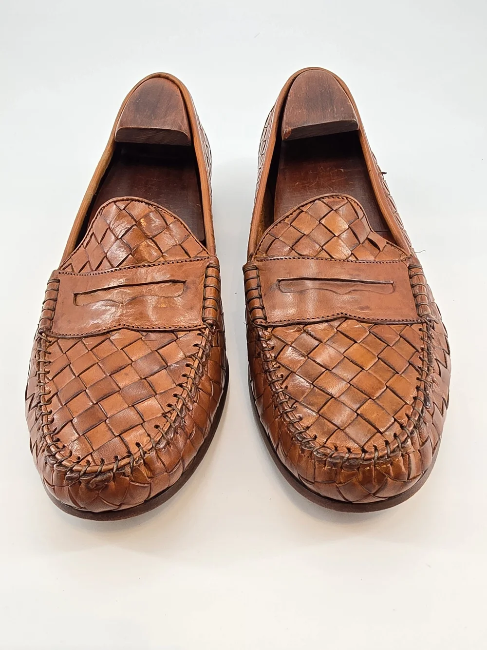 Allen Edmonds Woven Leather Penny Loafers in Cognac Brown